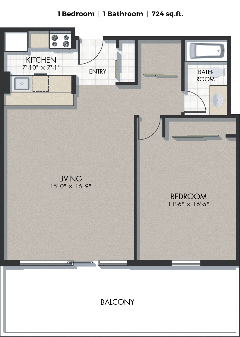 Floor plan for 1 bed, 1 bath, 720 sqft